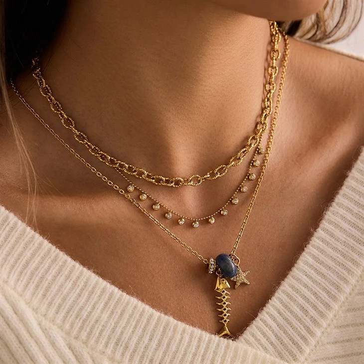 Fish Bone Pendant Gold Necklace high quality